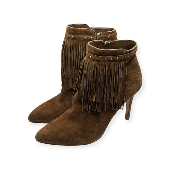 White House Black Market WHBM ꧁ Suede Fringed Heeled Ankle Boots ꧁ Cognac ꧂ 9.5 - Picture 7 of 16